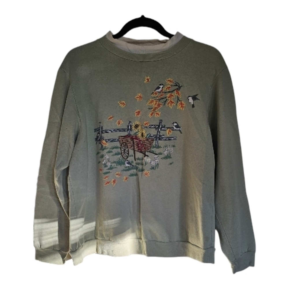 Vintage Green Sweater with Autumn Scene
